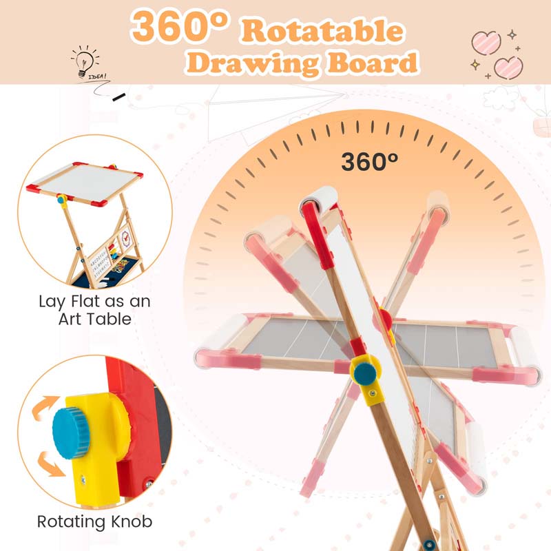 360° Kids Rotatable Wooden Art Easel, 3-in-1 Adjustable Double Sided Drawing Board with Whiteboard, Chalkboard & Paper Roll