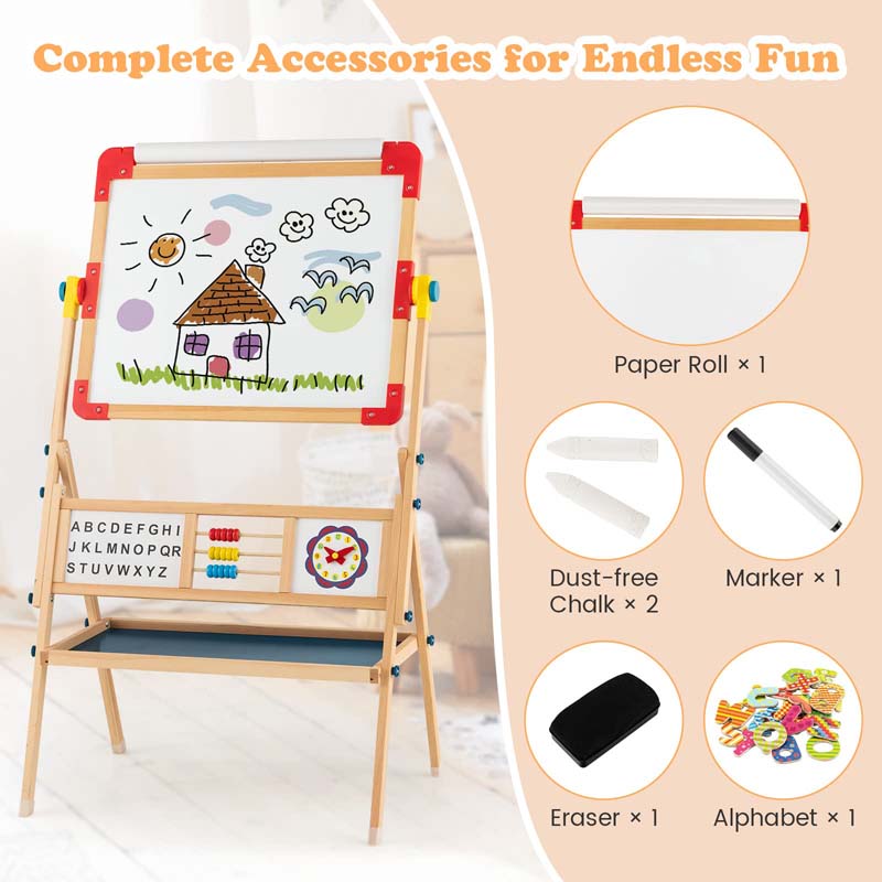 360° Kids Rotatable Wooden Art Easel, 3-in-1 Adjustable Double Sided Drawing Board with Whiteboard, Chalkboard & Paper Roll