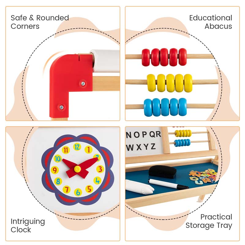 360° Kids Rotatable Wooden Art Easel, 3-in-1 Adjustable Double Sided Drawing Board with Whiteboard, Chalkboard & Paper Roll