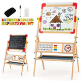360° Kids Rotatable Wooden Art Easel, 3-in-1 Adjustable Double Sided Drawing Board with Whiteboard, Chalkboard & Paper Roll