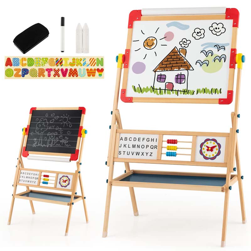 360° Kids Rotatable Wooden Art Easel, 3-in-1 Adjustable Double Sided Drawing Board with Whiteboard, Chalkboard & Paper Roll