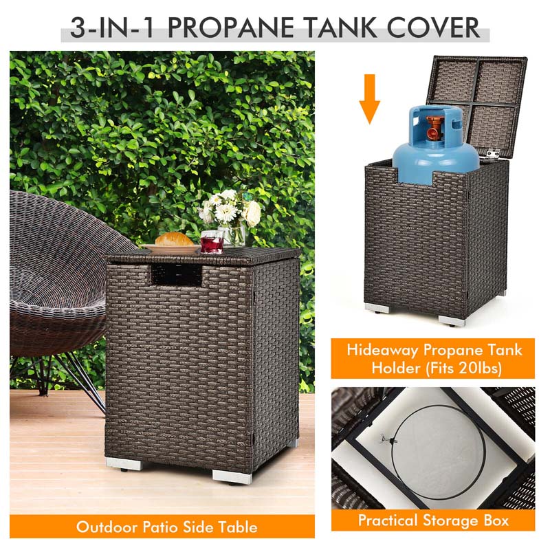 32" x 20" 40000 BTU Rattan Propane Fire Pit Table Set with Side Table Tank, Lava Rocks & Cover