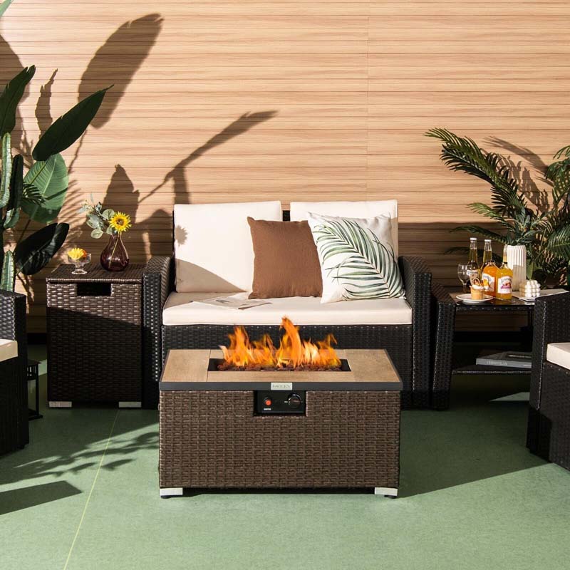 32" x 20" 40000 BTU Rattan Propane Fire Pit Table Set with Side Table Tank, Lava Rocks & Cover