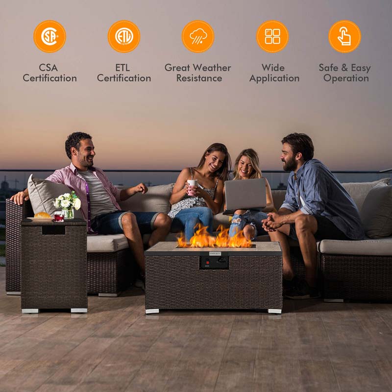 32" x 20" 40000 BTU Rattan Propane Fire Pit Table Set with Side Table Tank, Lava Rocks & Cover