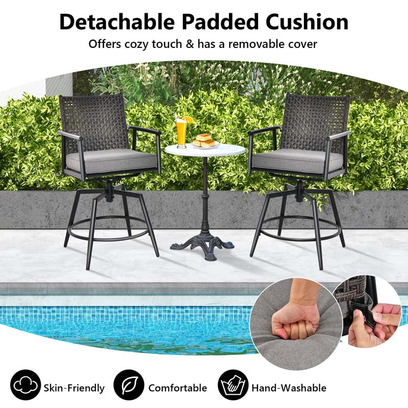 360 Swivel Bar Stools Patio Counter Height Bar Chair with PE Rattan Backrest, Metal Frame, Removable Seat Cushion & Footrest