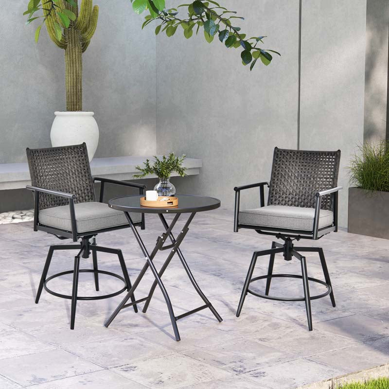 360 Swivel Bar Stools Patio Counter Height Bar Chair with PE Rattan Backrest, Metal Frame, Removable Seat Cushion & Footrest