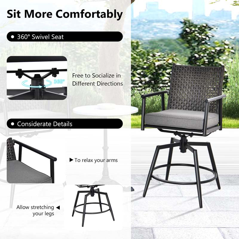 360 Swivel Bar Stools Patio Counter Height Bar Chair with PE Rattan Backrest, Metal Frame, Removable Seat Cushion & Footrest