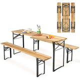 3 Pcs Folding Picnic Table Bench Set, 70" Portable Beer Table with Seating Set, Wooden Top Outdoor Dining Table Set