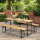3 Pcs Folding Picnic Table Bench Set, 70" Portable Beer Table with Seating Set, Wooden Top Outdoor Dining Table Set