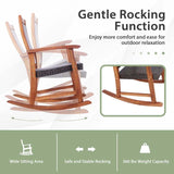 3 Pcs Acacia Wood Patio Rocking Chair Set with Side Table, Rattan Wicker Outdoor Rocking Bistro Set