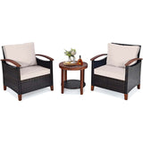 3 Pcs Patio Furniture Set Outdoor Rattan Sofa & Side Table Conversation Bistro Set with Acacia Wood Frame