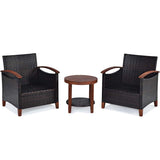 3 Pcs Patio Furniture Set Outdoor Rattan Sofa & Side Table Conversation Bistro Set with Acacia Wood Frame