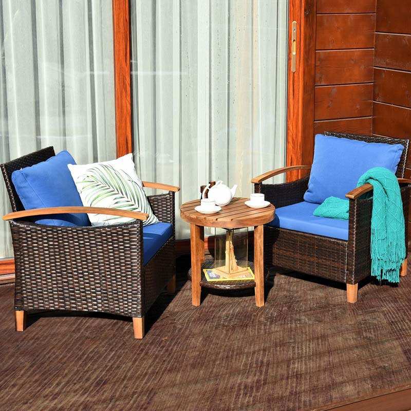 3 Pcs Patio Furniture Set Outdoor Rattan Sofa & Side Table Conversation Bistro Set with Acacia Wood Frame