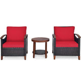 3 Pcs Patio Furniture Set Outdoor Rattan Sofa & Side Table Conversation Bistro Set with Acacia Wood Frame