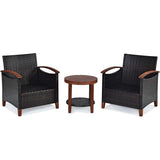 3 Pcs Patio Furniture Set Outdoor Rattan Sofa & Side Table Conversation Bistro Set with Acacia Wood Frame