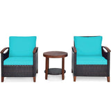 3 Pcs Patio Furniture Set Outdoor Rattan Sofa & Side Table Conversation Bistro Set with Acacia Wood Frame