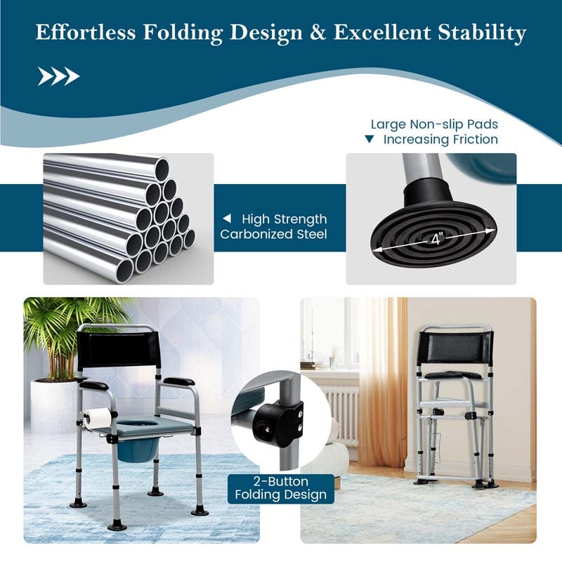 4-in-1 Folding Bedside Commode Chair with Arms, Height Adjustable Portable Toilet Bath Shower Potty Chair