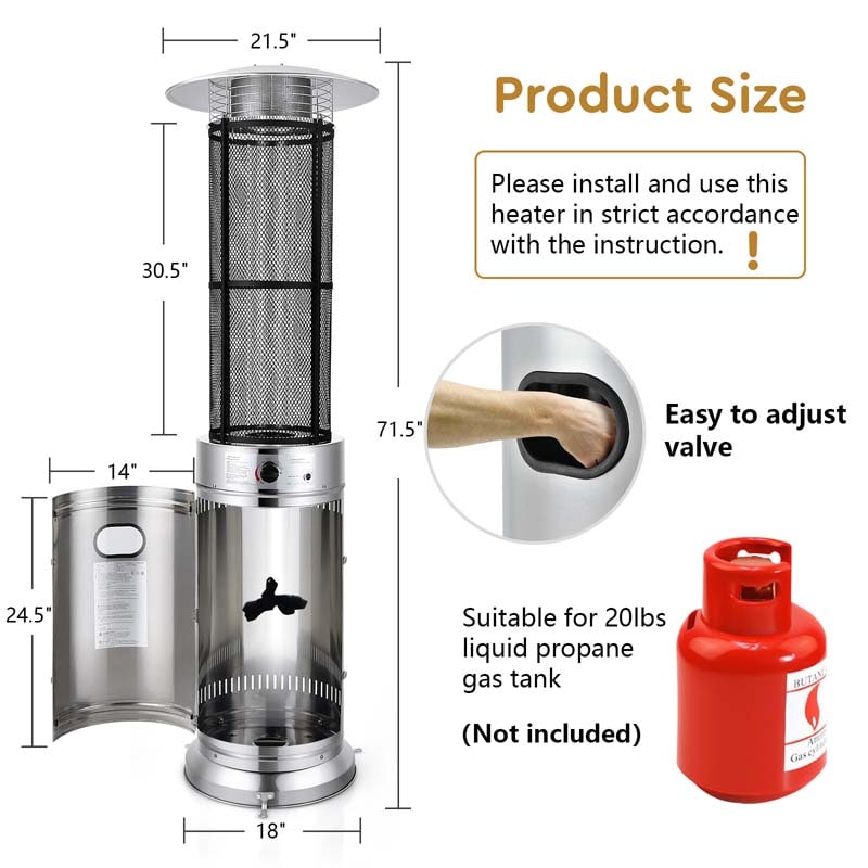41000 BTU Standing Propane Patio Heater with Wheels, Stainless Steel Round Glass Tube Gas Outdoor Heater