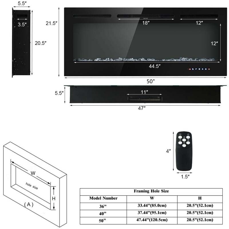 50" Ultra-Thin Recessed Electric Fireplace Insert, 1500W Wall-mounted Fireplace Heater with 9 Flame Colors