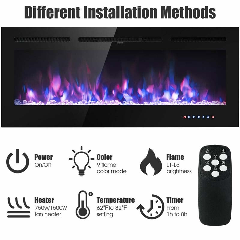 50" Ultra-Thin Recessed Electric Fireplace Insert, 1500W Wall-mounted Fireplace Heater with 9 Flame Colors