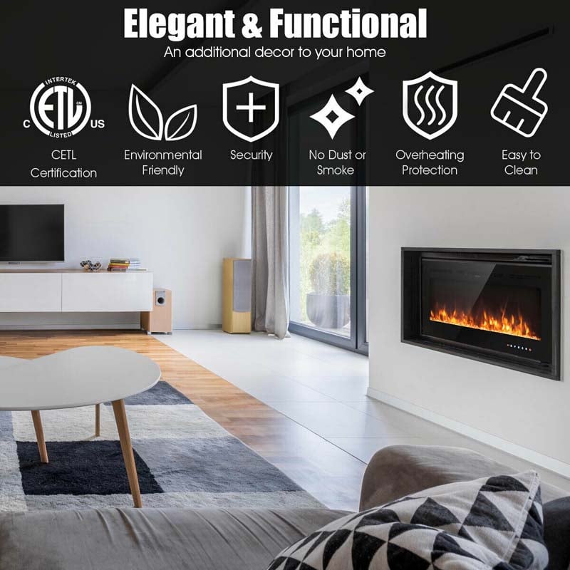 50" Ultra-Thin Recessed Electric Fireplace Insert, 1500W Wall-mounted Fireplace Heater with 9 Flame Colors