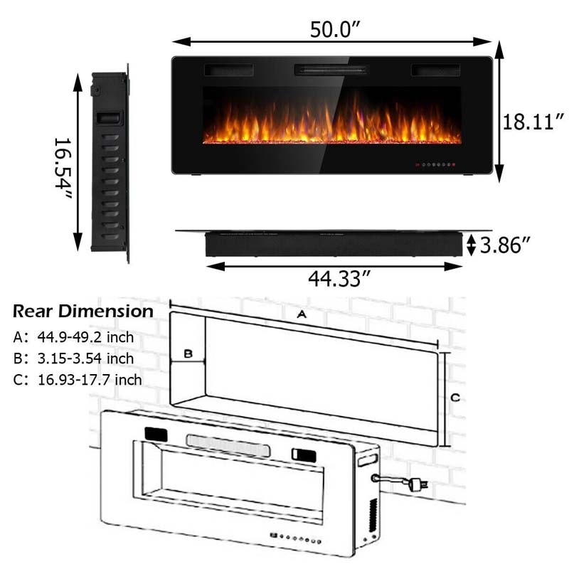 50" Ultra-Thin Electric Fireplace Insert, 1500W Recessed & Wall-mounted Fireplace Heater with 12 Flame Colors