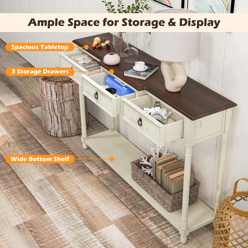 52" Farmhouse Entryway Console Table w/3 Drawers, Open Storage Shelf, Long Narrow Sofa Table Cottage Foyer Table for Hallway