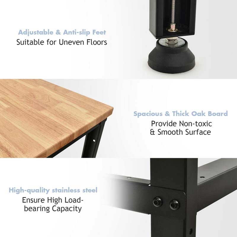 53" Oak Wood Workbench with 3-level Adjustable Heights, Heavy-Duty Steel Work Table Hardwood Workstation