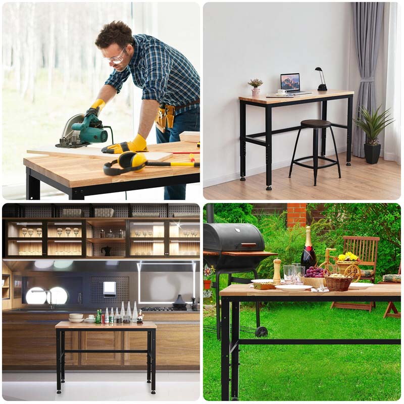 53" Oak Wood Workbench with 3-level Adjustable Heights, Heavy-Duty Steel Work Table Hardwood Workstation