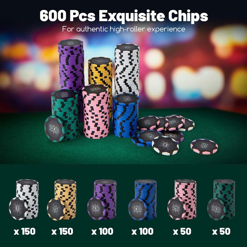 600Pcs Poker Chip Set for Texas Holdem Blackjack Gambling, 14 Gram Clay Poker Chips w/Carrying Case, Automatic Card Shuffler