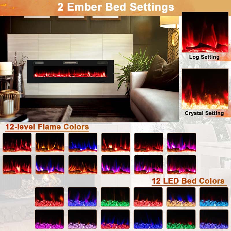 68" Ultra-Thin Recessed Electric Fireplace Insert, 5100 BTU Wall Mounted Fireplace Heater with Crystal Log Decoration