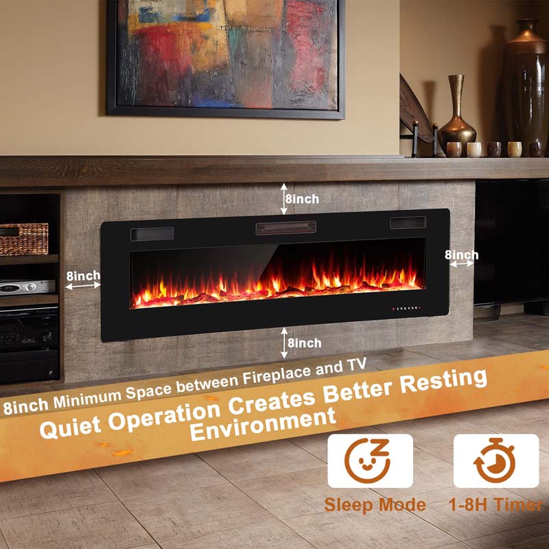 68" Ultra-Thin Recessed Electric Fireplace Insert, 5100 BTU Wall Mounted Fireplace Heater with Crystal Log Decoration