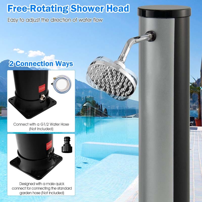 7.2 FT 10 Gallon Solar-Heated Outdoor Shower, 360° Swivel Shower Head Freestanding Shower for Poolside Beach