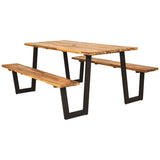 70" Patented Picnic Table Bench Set with Umbrella Hole, Acacia Wood Outdoor Dining Table Bench Set