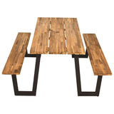 70" Patented Picnic Table Bench Set with Umbrella Hole, Acacia Wood Outdoor Dining Table Bench Set