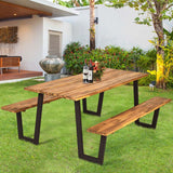 70" Patented Picnic Table Bench Set with Umbrella Hole, Acacia Wood Outdoor Dining Table Bench Set