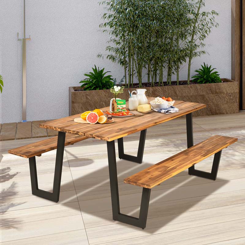 70" Patented Picnic Table Bench Set with Umbrella Hole, Acacia Wood Outdoor Dining Table Bench Set