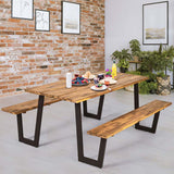 70" Patented Picnic Table Bench Set with Umbrella Hole, Acacia Wood Outdoor Dining Table Bench Set