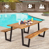 70" Patented Picnic Table Bench Set with Umbrella Hole, Acacia Wood Outdoor Dining Table Bench Set