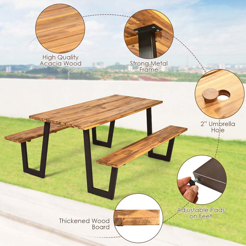 70" Patented Picnic Table Bench Set with Umbrella Hole, Acacia Wood Outdoor Dining Table Bench Set