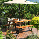 70" Patented Picnic Table Bench Set with Umbrella Hole, Acacia Wood Outdoor Dining Table Bench Set
