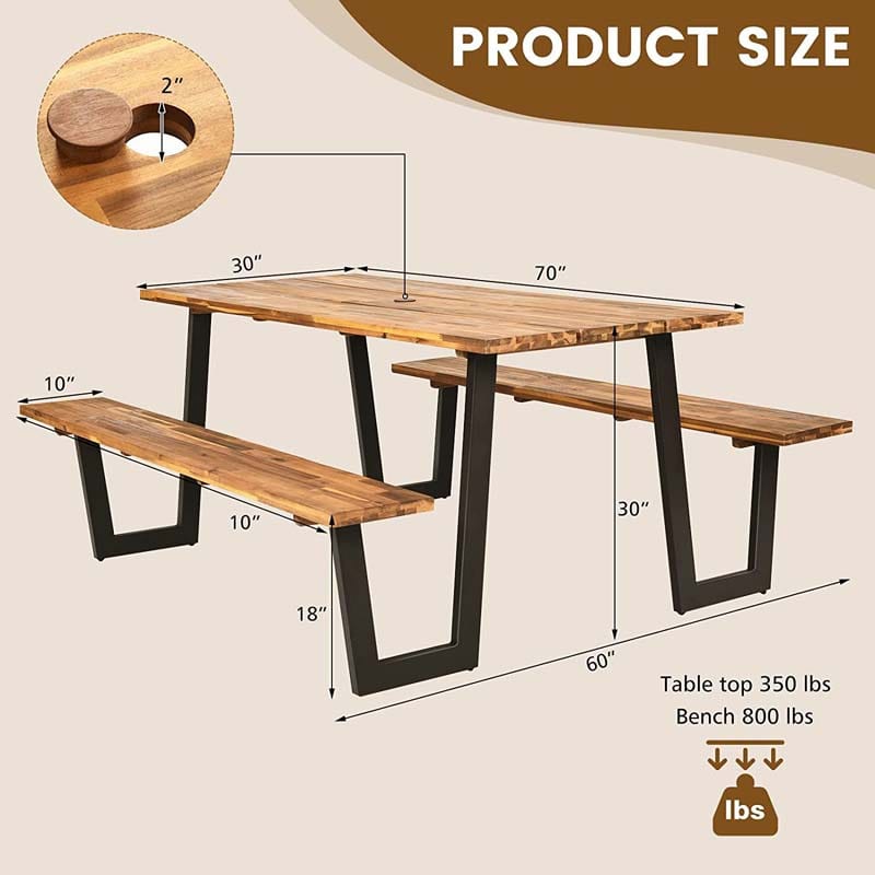 70" Patented Picnic Table Bench Set with Umbrella Hole, Acacia Wood Outdoor Dining Table Bench Set