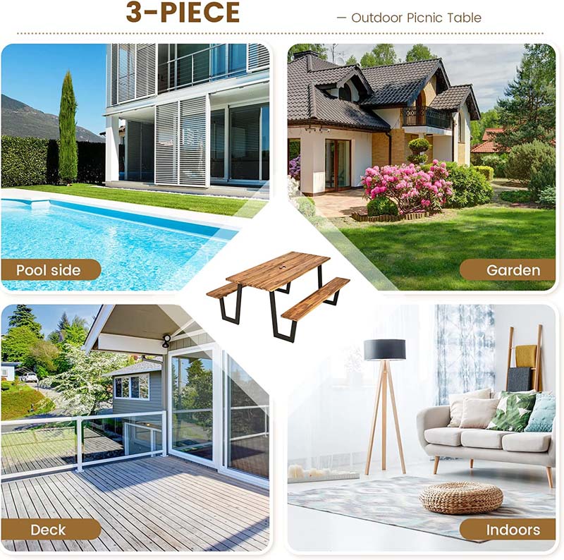 70" Patented Picnic Table Bench Set with Umbrella Hole, Acacia Wood Outdoor Dining Table Bench Set