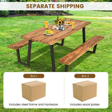 70" Patented Picnic Table Bench Set with Umbrella Hole, Acacia Wood Outdoor Dining Table Bench Set