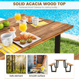 70" Patented Picnic Table Bench Set with Umbrella Hole, Acacia Wood Outdoor Dining Table Bench Set