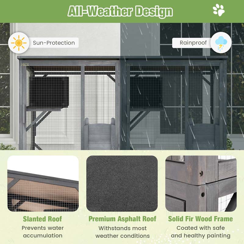 72" Tall Large Wooden Cat House on Wheels with 2 Resting Box, 4 Platforms, Catio Outdoor Cat Enclosure Kitty Cat Kennel Condo Cage Playpen