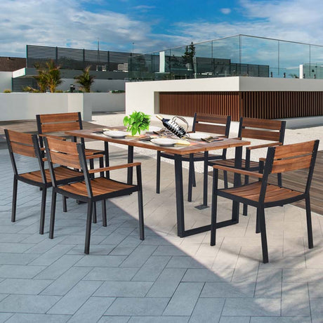 7 Pcs Patented Patio Dining Set with Umbrella Hole & Acacia Wood Top, Outdoor Dining Table Set for Backyard Garden