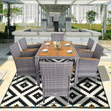 7 Pcs Rattan Wicker Outdoor Patio Dining Furniture Set with Acacia Wood Table & 6 Cushioned Armchairs