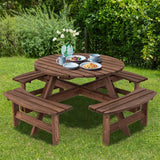 8-Person Outdoor Wooden Round Picnic Dining Table Bench Set with Umbrella Hole & 4 Benches