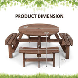 8-Person Outdoor Wooden Round Picnic Dining Table Bench Set with Umbrella Hole & 4 Benches